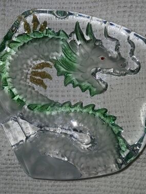 Clear, Green And Gold Glass Dragon Decorative Accent - Art Glass Sculpture.